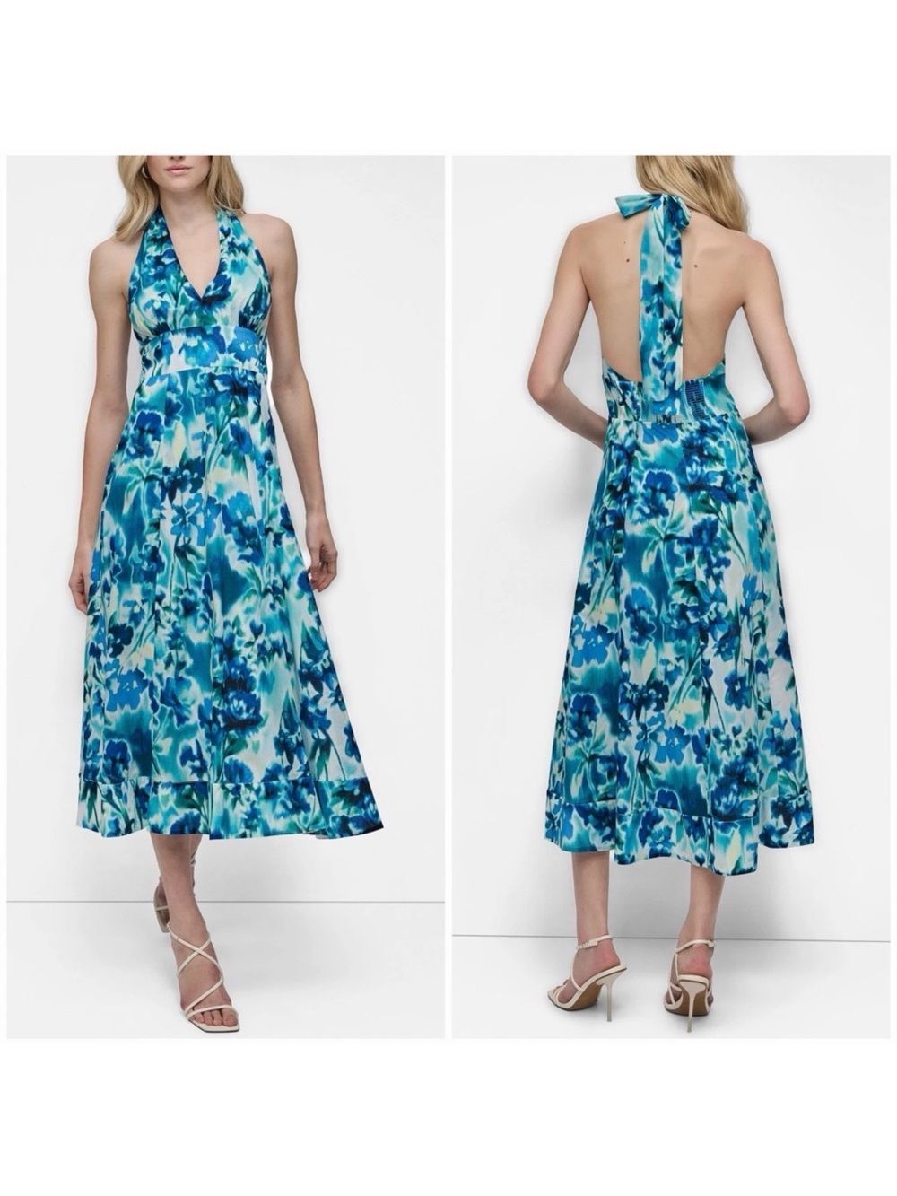 DKNY Women's Cotton Halter V-Neck Tie-Back Midi Dress Blue $149